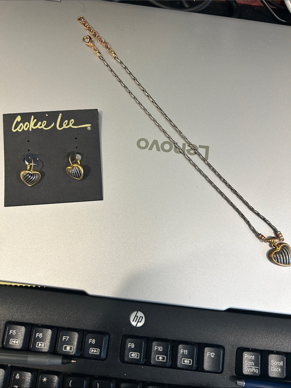 Cookie Lee Two-Tone Gold and Silver Heart Necklace with Matching Studs. 20